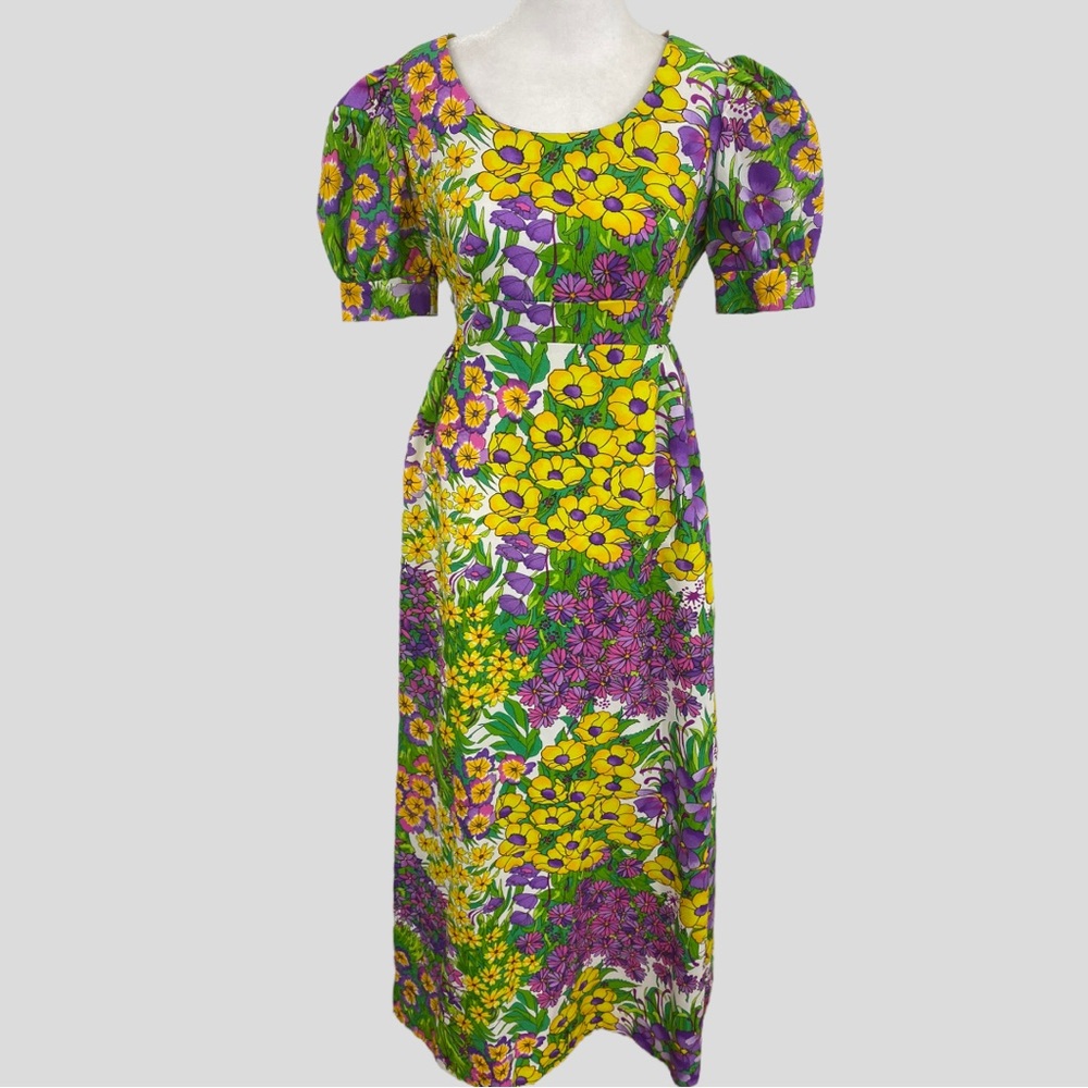 Vintage Purple Green Yellow Floral Puff Sleeve Maxi Dress
